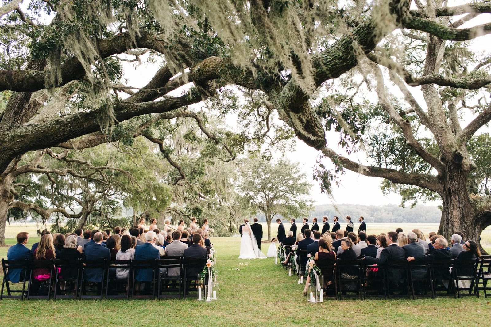 A Charleston wedding ceremony beneath sprawling Spanish-moss live oaks